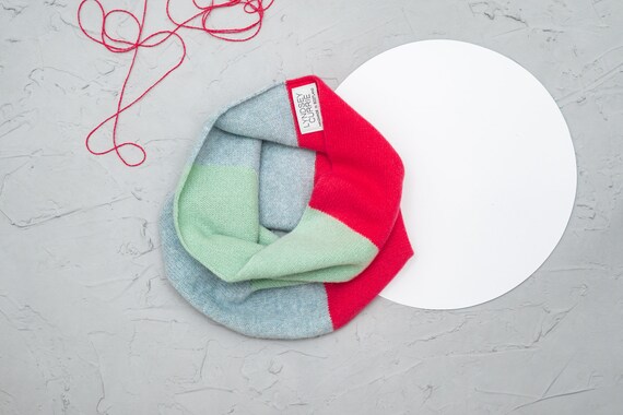 Small colour block snood, Hot pink, Aniseed and Harr snood, Circle scarf, Lambswool accessories