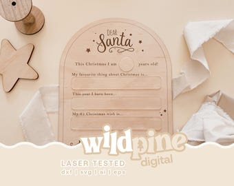 May include: An arched wooden sign with the engraved text Dear Santa, featuring blank spaces for a child to write their age, favorite Christmas things, behavior, and wishes. The sign is accompanied by a wooden star and a wooden spool.