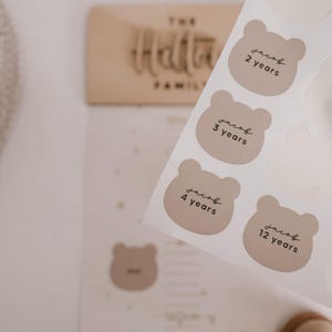 May include: A sheet of bear-shaped stickers with the name "Jacob" and ages 2, 3, 4, and 12 years. A wooden sign with the text "The Hello Family" is in the background, along with a height chart.