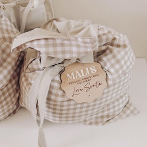 May include: Tan and white gingham fabric gift bag with a matching ribbon and a wooden tag. The tag reads "Mali's Special Christmas Delivery Love, Santa" in a decorative font. The bag is tied closed.