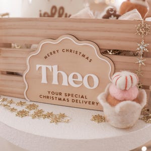 May include: A wooden sign with the name "Theo" and the text "Merry Christmas, Your Special Christmas Delivery." A felt cupcake with pink and white frosting sits nearby. Gold snowflake decorations and a wooden crate are also visible.