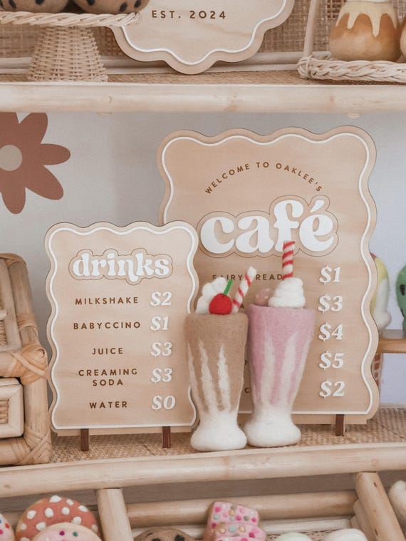 Kids Wooden Café Play set – Pretend Play Food & Drink Menu Signs for Imaginative Fun | Pretend play | Playroom Decor | Mud Kitchen