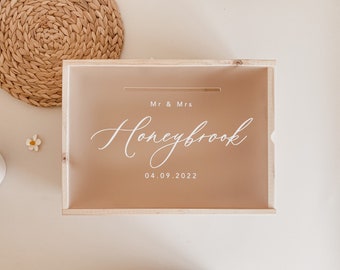 Caja de deseos personalizada para bodas: recuerdo de acrílico esmerilado y pino