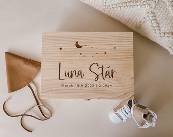 Personalised Baby Keepsake Box - Stars and moon - Wood Engraved with Acrylic Name - Newborn Keepsake - Wooden Memory Box - Baby Shower Gift