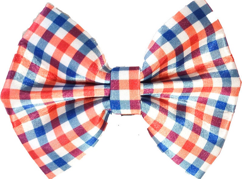 Attaches with Hook and Loop. Red White and Blue Plaid Check Bow tie for Dogs