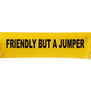 May include: Yellow fabric strap with black text that reads "FRIENDLY BUT A JUMPER".