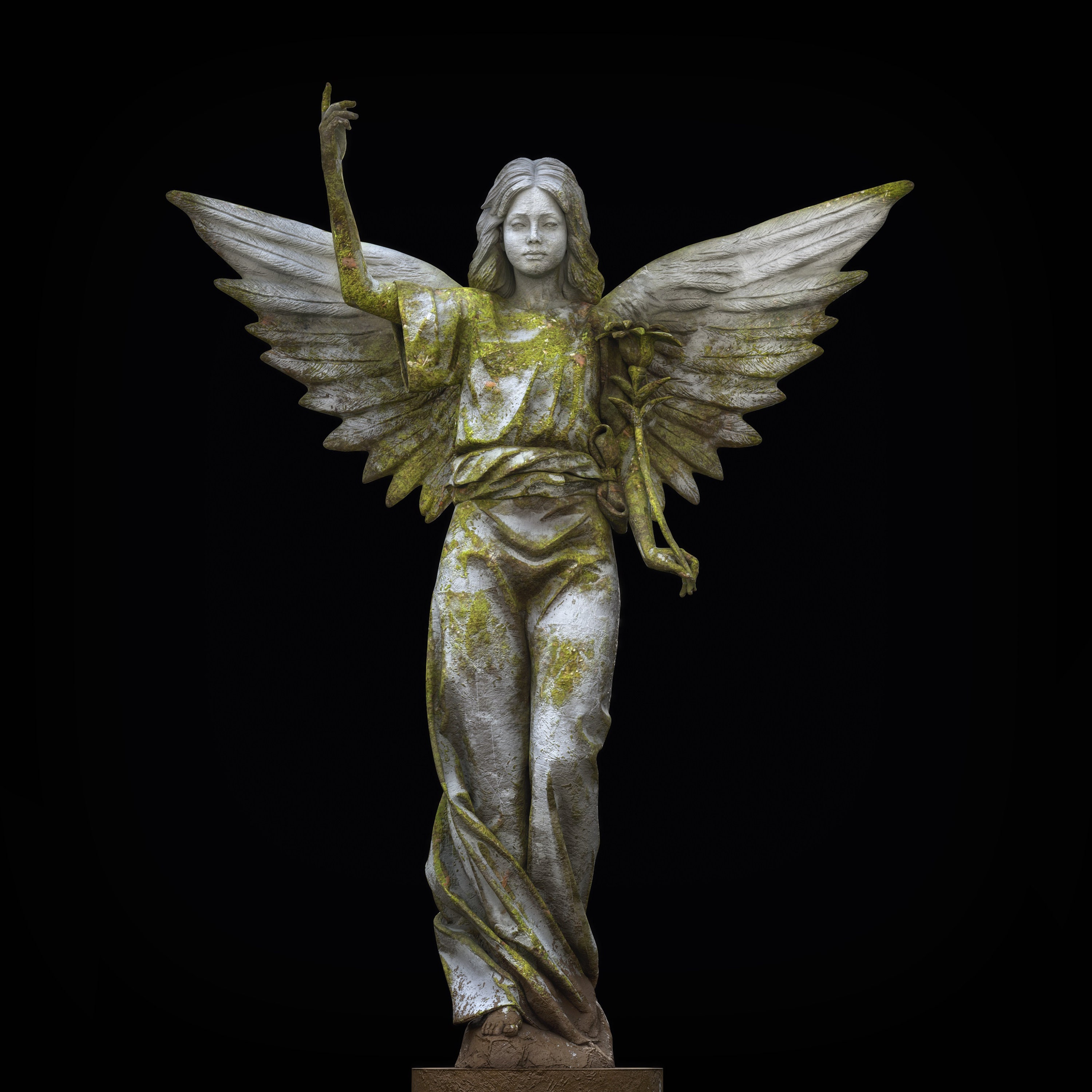 ｄｅｒｅｌｉｃｔ　ｍｅｓｓｅｎｇｅｒ　-　Life-Sized 5'6" Mossy Angel Roman Statue Hand-made Art-Work Antiquated White Marble Greek Sculpture Original Design