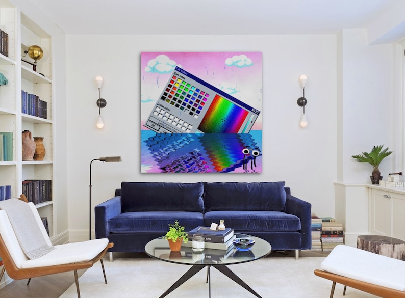 Op de afbeelding: Een digitale kunstprint met een kleurrijk kleurenpaletvenster uit een computerprogramma, gedeeltelijk ondergedompeld in een blauw en paars waterachtig oppervlak. Het venster is schuin geplaatst en twee kleine cartoonogen met benen zijn zichtbaar onder het water.