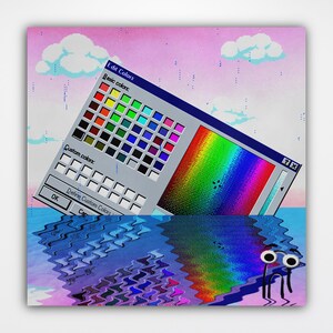 Op de afbeelding: Een digitaal kleurenpaletvenster met een regenboogverloop op de achtergrond zinkt in een blauw en paars golvend waterachtig oppervlak. Het venster heeft de tekst "Edit Colors", "Basic colors" en "Custom colors".
