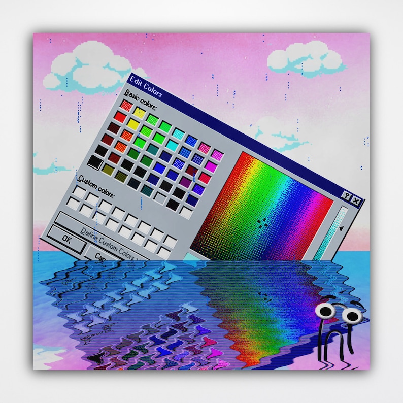 Op de afbeelding: Een digitaal kleurenpaletvenster met een regenboogverloop op de achtergrond zinkt in een blauw en paars golvend waterachtig oppervlak. Het venster heeft de tekst "Edit Colors", "Basic colors" en "Custom colors".