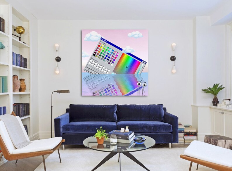 May include: A digital art print featuring a computer screen with a color palette and a rainbow gradient, partially submerged in water with cartoon eyes and dripping water. The background is a pastel pink with white clouds.