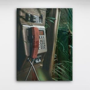 May include: A vintage, weathered payphone with a red receiver hanging off the hook. The phone is mounted on a wall with green foliage in the background. The phone has the word "FORSAKEN" printed on it.