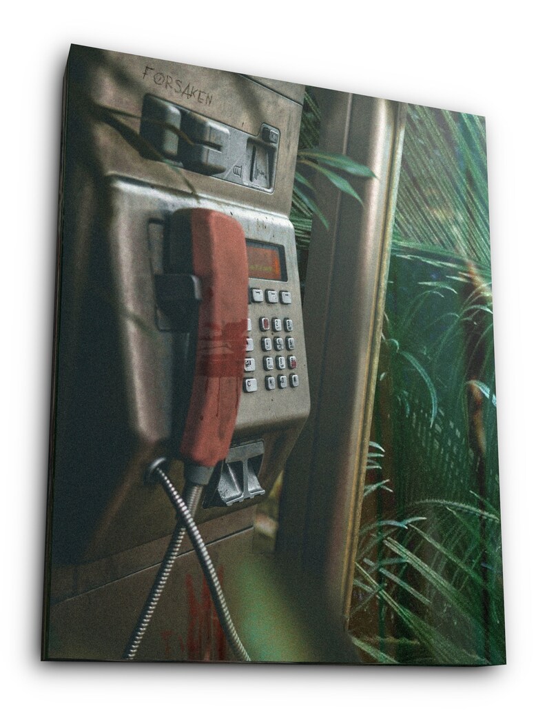 May include: A red rotary phone hangs in a weathered, gray phone booth with the word "FORSAKEN" written on it. The phone booth is surrounded by lush green foliage.