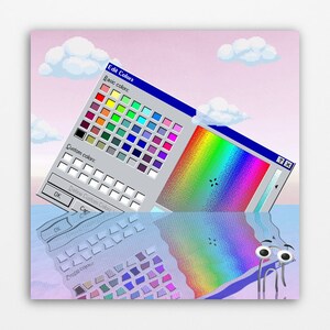 May include: A digital color palette window from a 90s computer program is submerged in blue water. The window has a rainbow gradient in the background and a grid of color swatches. The text "Edit Colors" is at the top of the window.