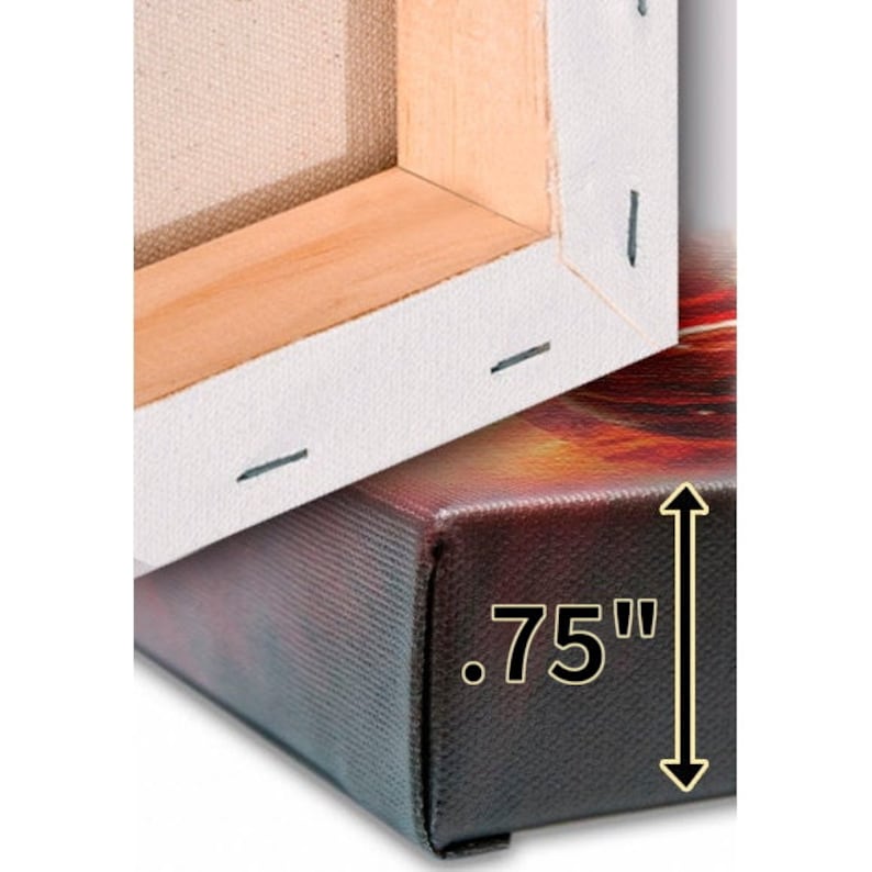 May include: Close-up of the side of a canvas print, showing the .75 inch depth of the frame.