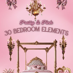 Puede incluir: Un conjunto de dormitorio rosa y dorado con una cama con dosel, una silla en forma de corazón y dos apliques de pared. El texto "Pretty & Pink 30 BEDROOM ELEMENTS" se muestra sobre la cama.