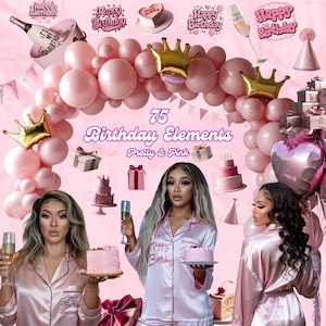 Happy Birthday Pink Glam Elements Bundle ,graphic pack, Clip Art, stock images, DFY AI Pink Girly Aesthetic, Boss Female Baddie Party