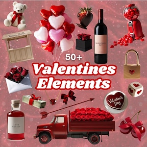 50+ Glam Valentines Day Elements, digital graphic pack, Clip Arts, stock images, dfy, editable, AI Generated, Boujee red realistic