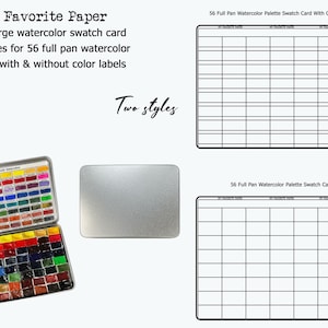 Puede incluir: Una paleta de pintura de acuarela metálica abierta con 56 pastillas de varios colores, junto a un estuche metálico cerrado y dos tarjetas de muestras. El texto dice "My Favorite Paper" y "Two styles". Las tarjetas están etiquetadas como "56 Full Pan Watercolor Palette Swatch Card".
