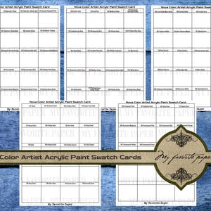 May include: Several white Nova Color Artist Acrylic Paint Swatch Cards are displayed, each with color names and spaces for paint samples. The cards are arranged on a blue wooden surface. The text "My favorite paper" is also visible.