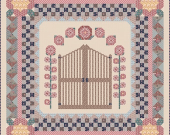 May include: A quilt with a floral design featuring a brown wooden gate with a white frame, surrounded by a border of pink, blue, and white flowers. The quilt is made of patchwork fabric with a checkered pattern.
