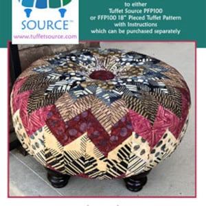 May include: A colorful chevron patterned tufted ottoman with a starburst design. The ottoman is made of fabric and has a round top with a button in the center. The ottoman is sitting on a wooden floor.