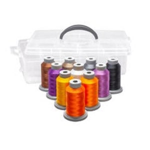 May include: A clear plastic storage box with a handle, containing 10 spools of colorful embroidery thread. The spools are arranged in a semi-circle, with the colors including orange, purple, black, white, and gold.
