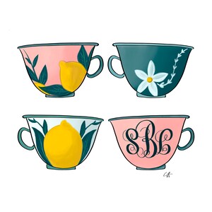 PERSONALIZABLE - Tea Cup Art - Monogram - Wall Art - Girl Room - Lemons - Tea Time - The Hospitality Initiative - Tea Party - Digital Art
