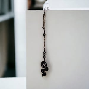 May include: A black snake pendant necklace with a silver chain and black beads.