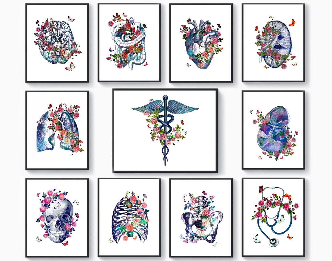 Set 11 Anatomy Art, Medical Wall Decor, Physiology Art, Floral Caduceus