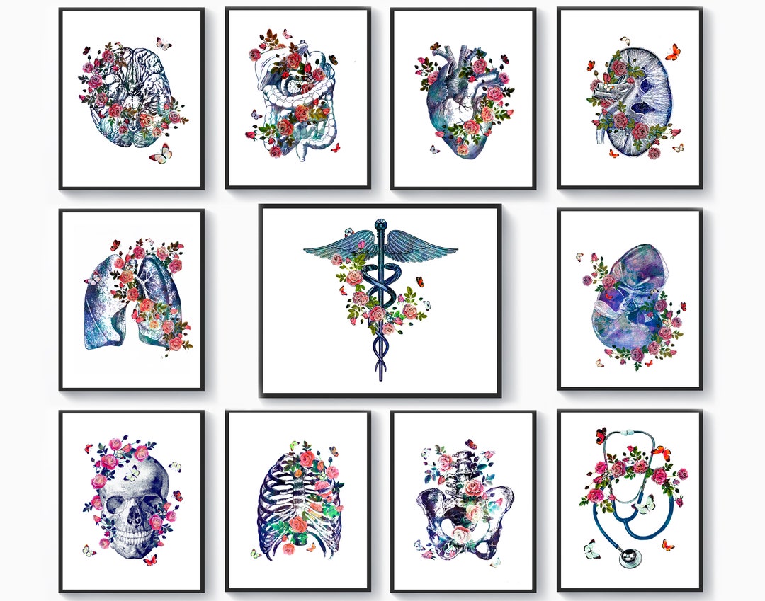 Set 11 Anatomy Art, Medical Wall Decor, Physiology Art, Floral Caduceus ...