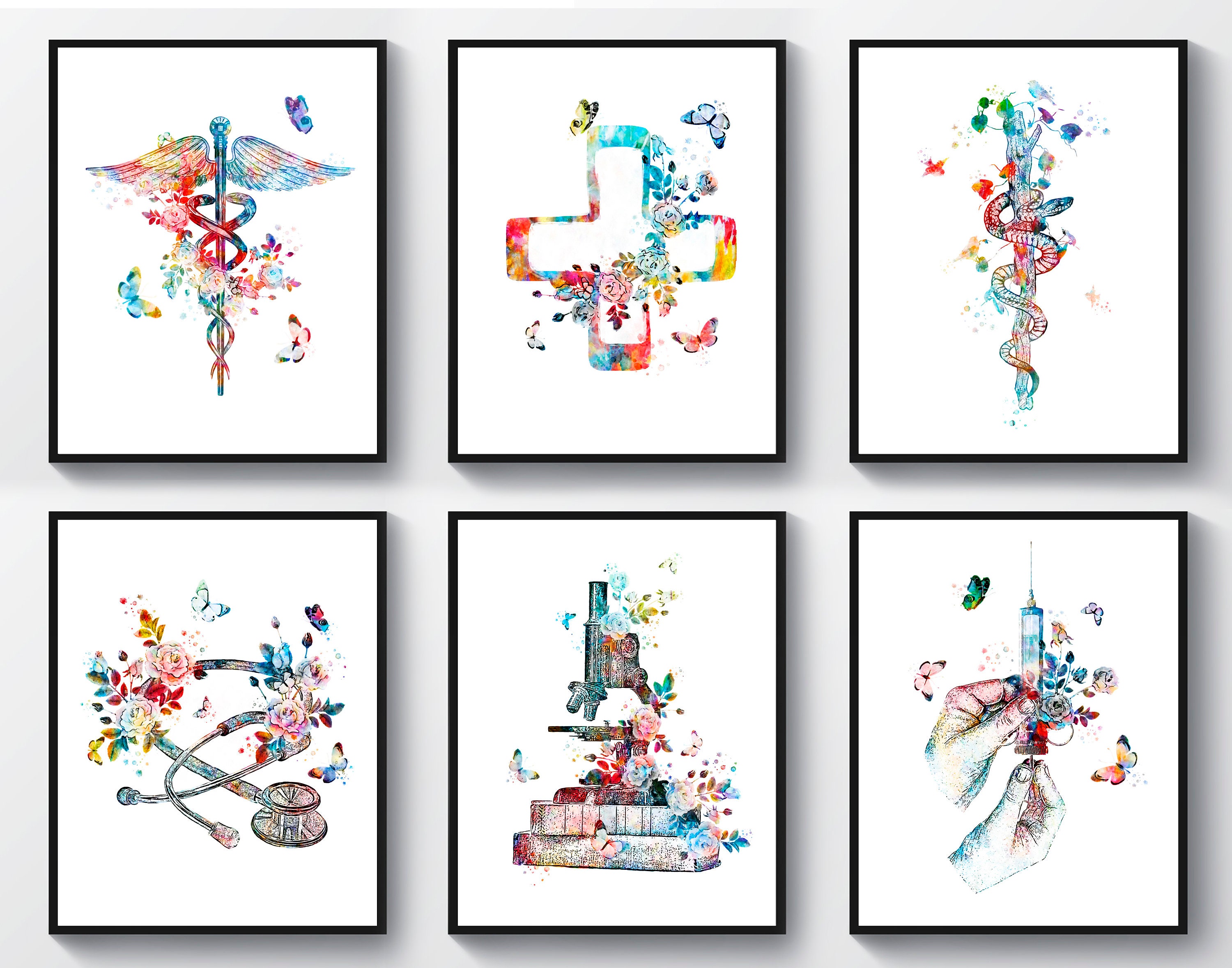 6 Medical Art Caduceus Art Medical Cross Art Rod of Asclepius Art Stethoscope Art Syringe Art Microscope Art Science Art Doctor Gift
