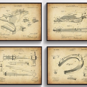 4 Blacksmith Equipment Patent Art Anvil Blueprint Blacksmith Tools Patent Vintage Industrial Art Wild West Art Village House Decor