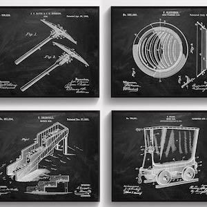 May include: A set of four vintage black and white patent drawings for mining equipment. The drawings depict a pickaxe, a gold washing pan, a mining elevator, and a mine car. Each drawing includes the patent number, inventor's name, and date of patent.