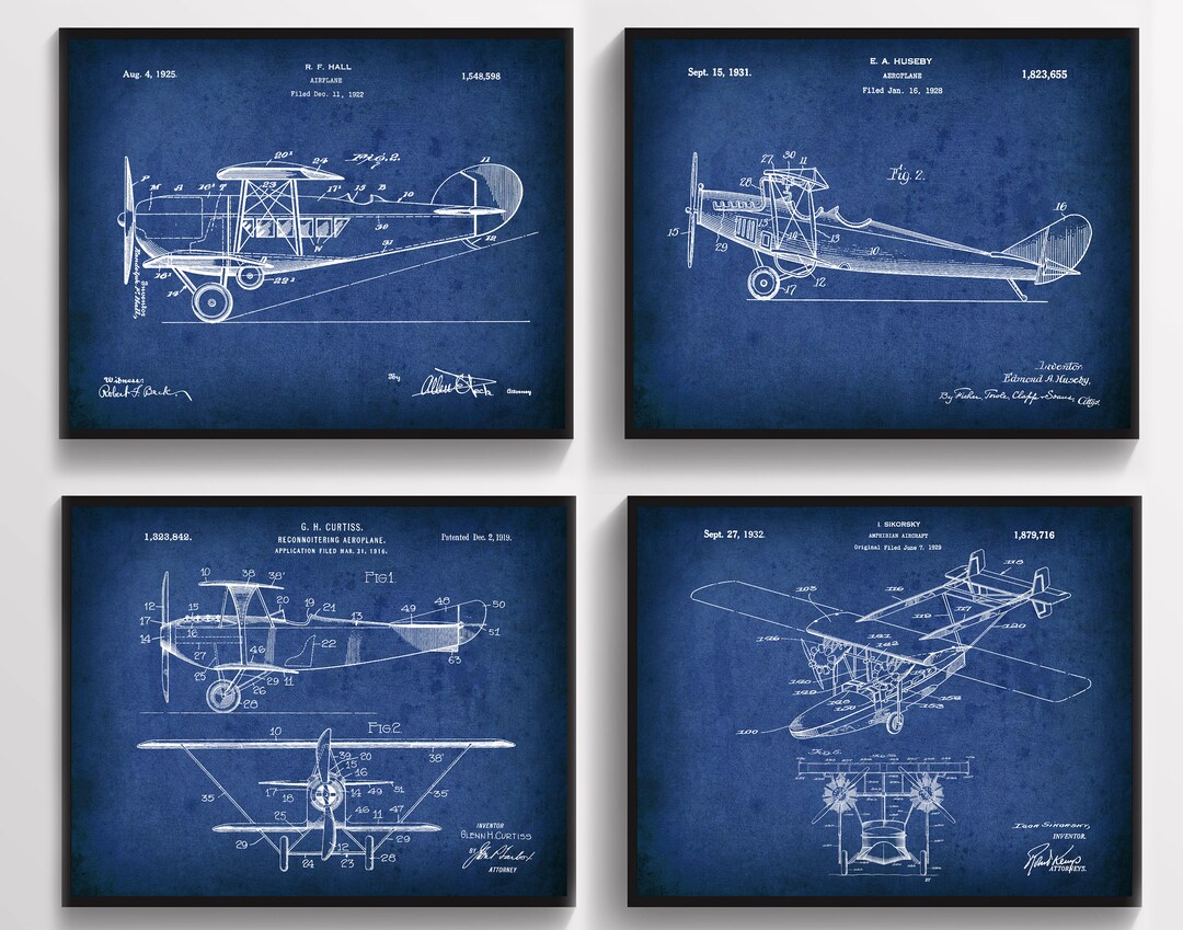 4 Aviation Art Airplane Patent Art Vintage Plane Blueprint Air Force ...