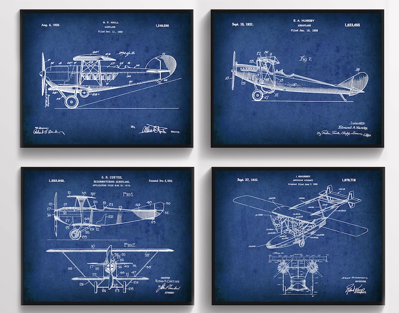 4 Aviation Art Airplane Patent Art Vintage Plane Blueprint Air Force ...