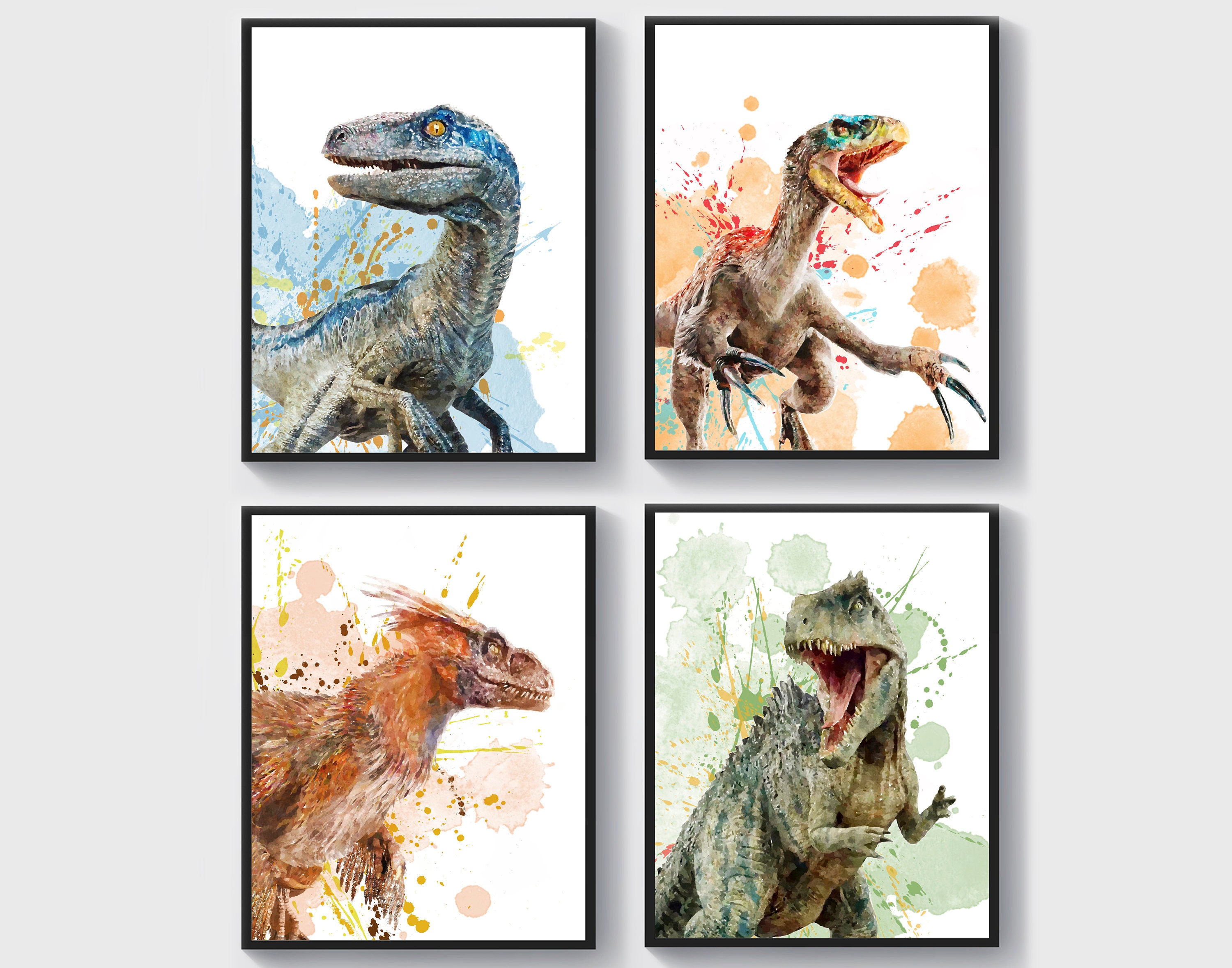 WIETRE® Set di 4 immagini di dinosauro, per la cameretta dei bambini, decorazione per bambini e bambine, formato DIN A4, motivo: dinosauri T-Rex, con cornice nera