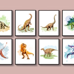 8 Jurassic Dinosaur Art Watercolor Dinosaur Wall Decor Kids Room Art Triceratops Stegosaurus Iguanodon T-Rex Painting Playroom Decor