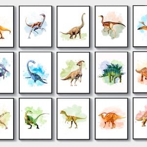Dinosaur Poster Set 15 Jurassic Art Animal Decor Watercolor T-Rex Stegosaurus Triceratops Velociraptor Art Kids Room Decor Nursery Art