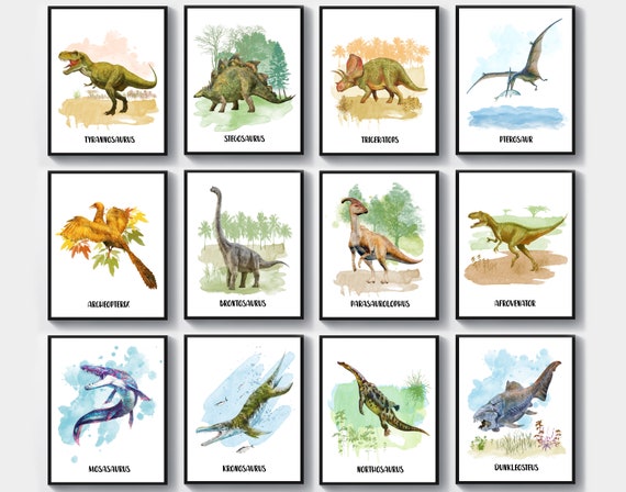 Dinosaurs Names Poster Set of 12, Jurassic Dinosaur Art, Watercolor  Dinosaur Print, T-rex, Triceratops, Stegosaurus, Brontosaurus, Kids Room