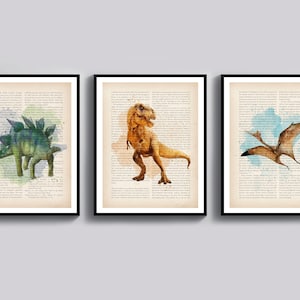 Dinosaur Art Poster Dictionary Page Drawing Art Watercolor Tyrannosaurus Stegosaurus Pterosaur Wall Decor Vintage Art Boys Room Decor