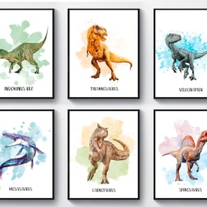 6 Watercolor Dinosaurs Printable Jurassic Dinosaur Decor Kids Room Wall Art Dinosaur Names Poster Nursery Art T-Rex Carnotaurus Artwork