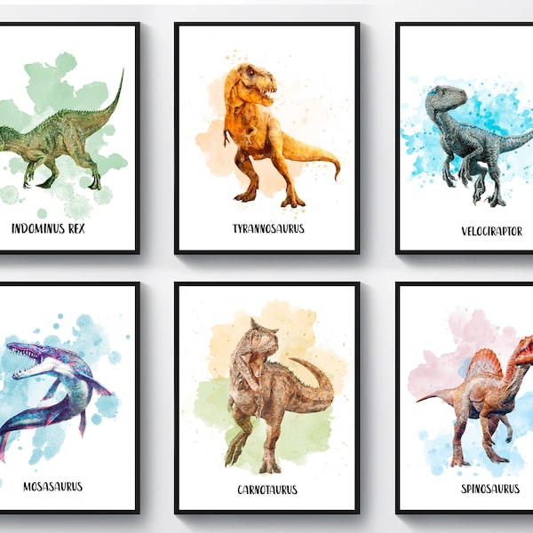 6 Watercolor Dinosaurs Printable Jurassic Dinosaur Decor Kids Room Wall Art Dinosaur Names Poster Nursery Art T-Rex Carnotaurus Artwork