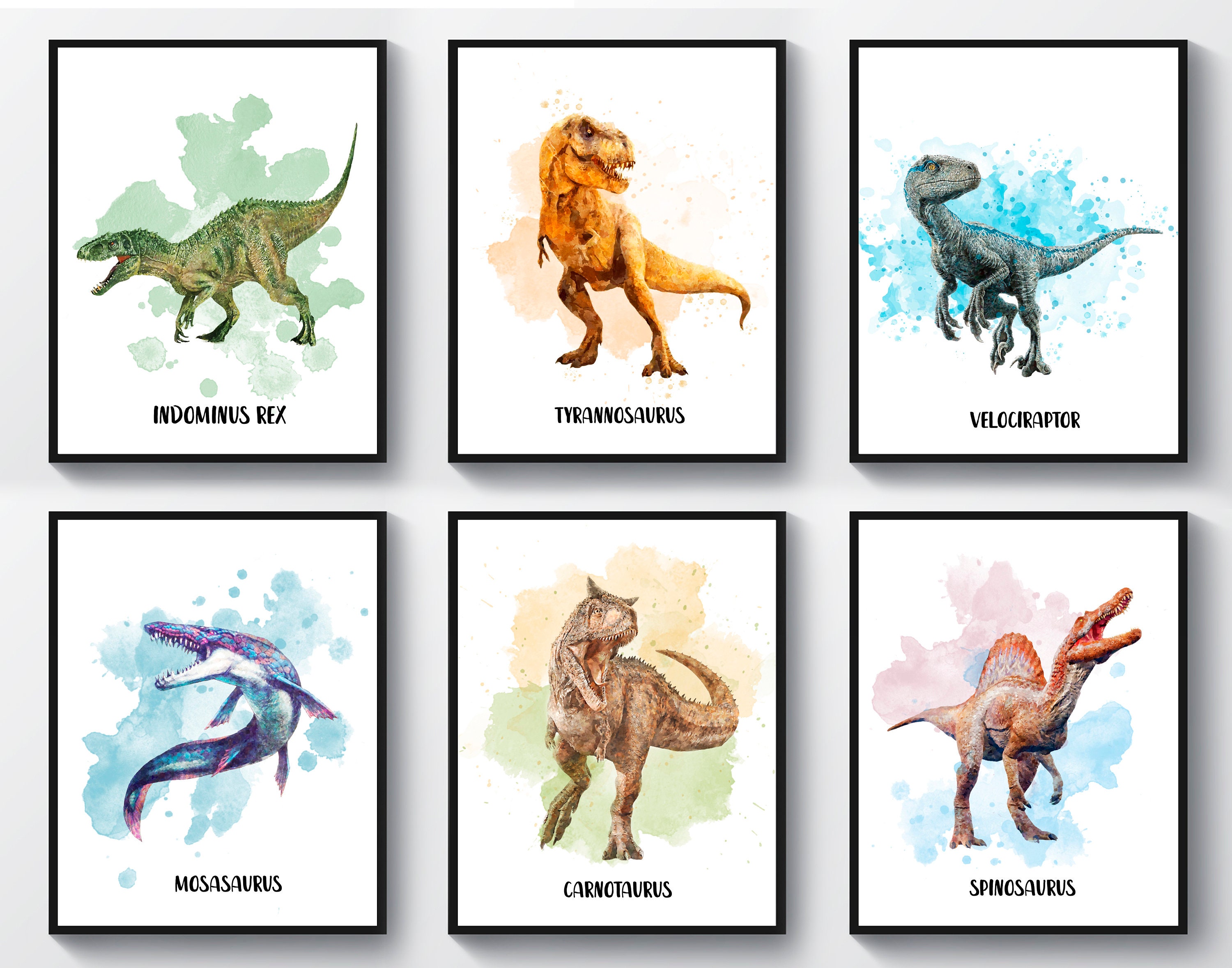 6 Watercolor Dinosaurs Printable Jurassic Dinosaur Decor Kids Room Wall Art  Dinosaur Names Poster Nursery Art T-Rex Carnotaurus Artwork