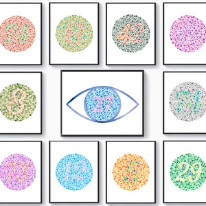 11 Ishihara Test Cards for Testing Colour Blindness Watercolor Blots Art Red Green Colorblind Posters Optician Gift Ophthalmology Art