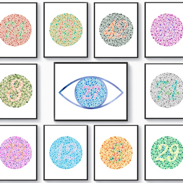 11 Ishihara Test Cards for Testing Colour Blindness Watercolor Blots Art Red Green Colorblind Posters Optician Gift Ophthalmology Art