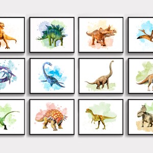 Dinosaur Art Print Watercolor T-Rex Stegosaurus Mosasaurus Pterosaurus Triceratops Wall Decor Jurassic Period Animals Kids Room Decor