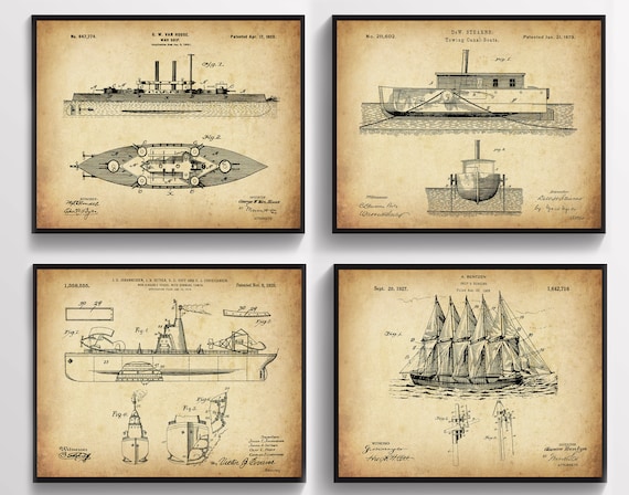 4-Piece Vintage Sailing Blueprint Pos...