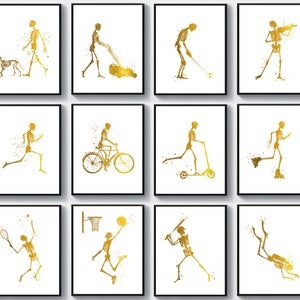 Set 12 Gold Skeleton Art Anatomy Art Physiology Art Medical Artwork Orthopedic Art Chiropractor Gift Surgeon Gift Physiotherapist Gift