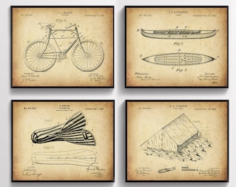 4 Travel Art Patents Camper Gift Camping Invention Bicycle Patent Canoe Patent Sleeping Bag Patent Tent Patent Vintage Blueprint Wall Decor